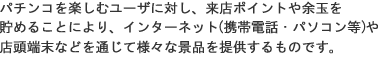 パチンコを楽しむユーザに対し、余玉や各種サービスのポイントを貯めることにより、インターネット（携帯電話・パソコン等）や店頭端末などを通じて様々な商品や情報・サービスを提供するものです。